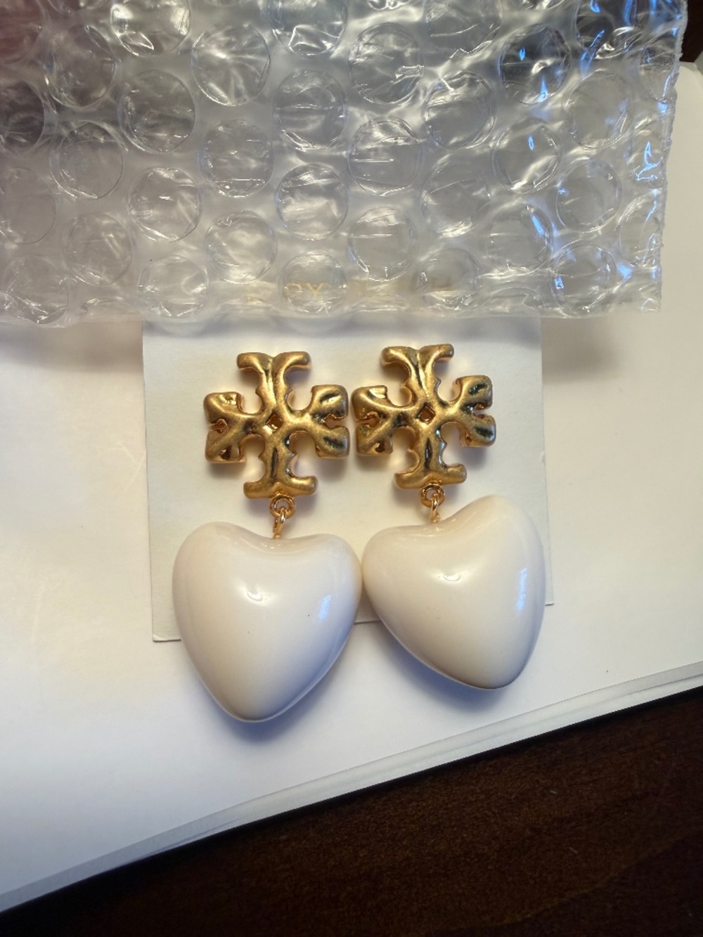Tory Burch white and gold heart earrings
